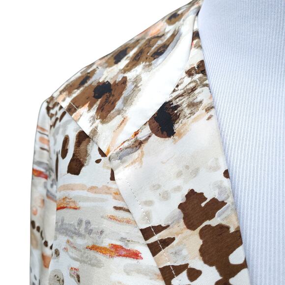 Chico's Sz 1 Brown Orange White Silk Jacket Geometric Hidden Closure Chicos M 8 - Picture 3 of 16